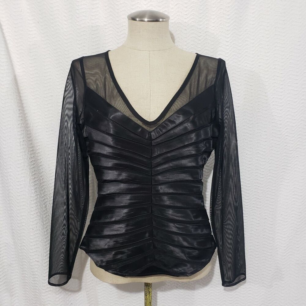 Dressbarn Collection Evening  Black Top Blouse Translucent Sleeves  Zip Back10